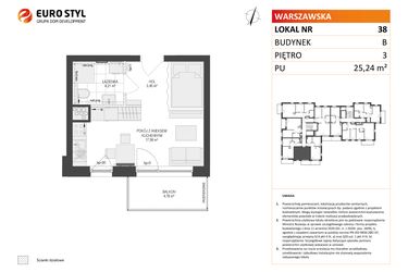 Rzut - Mieszkanie na sprzedaż 1 pokój o powierzchni 25,24 m² - numer B.38 w Osiedle Warszawska etap III