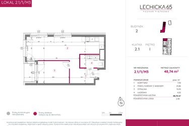 Rzut - Mieszkanie na sprzedaż 2 pokoje o powierzchni 48,74 m² - numer 2.1/1/M3 w Lechicka 65