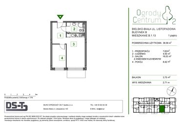 Rzut - Mieszkanie na sprzedaż 2 pokoje o powierzchni 36,58 m² - numer B.1.13 w Ogrody Centrum 2