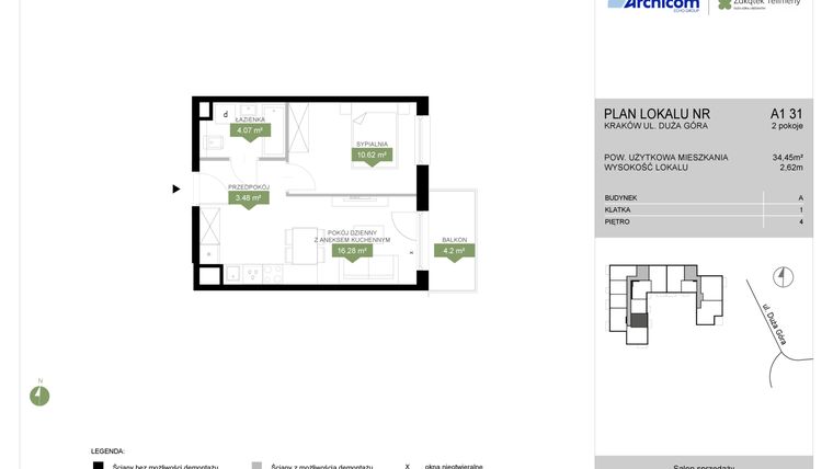 Rzut - Mieszkanie na sprzedaż 2 pokoje o powierzchni 34,45 m² - numer A1 31 w Zakątek Telimeny