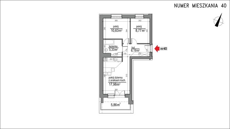 Rzut - Mieszkanie na sprzedaż 3 pokoje o powierzchni 48,9 m² - numer 3m.40 w Osiedle Rytm etap 2