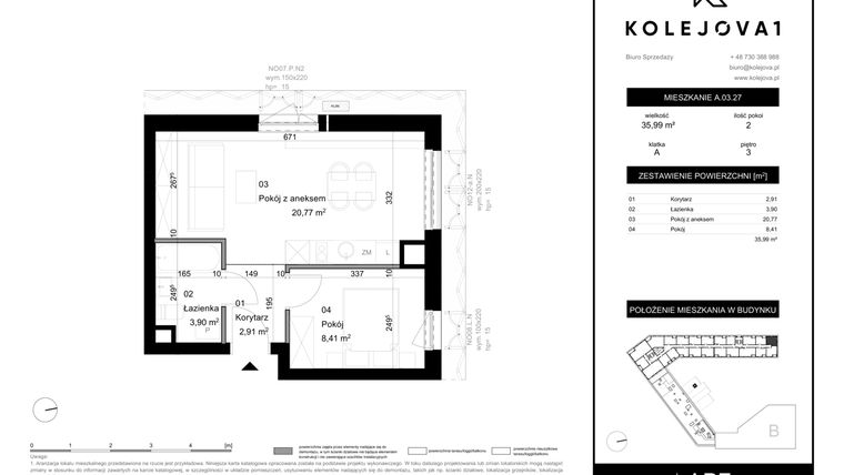 Rzut - Mieszkanie na sprzedaż 2 pokoje o powierzchni 35,99 m² - numer A-03-27 w Kolejova 1