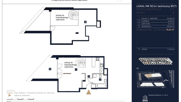 Rzut - Mieszkanie na sprzedaż 3 pokoje o powierzchni 79,44 m² - numer B57 w Rezydencja Zegrze etap II