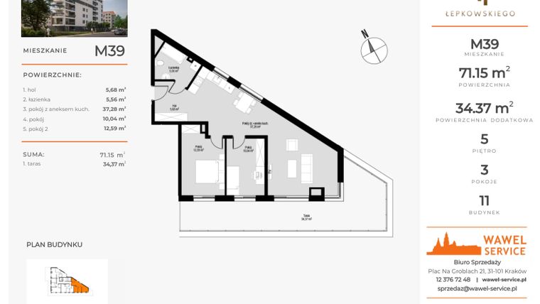Rzut - Mieszkanie na sprzedaż 3 pokoje o powierzchni 71,15 m² - numer M39 w Łepkowskiego 11
