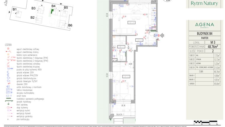 Rzut - Mieszkanie na sprzedaż 2 pokoje o powierzchni 48,76 m² - numer B4M3 w Rytm Natury