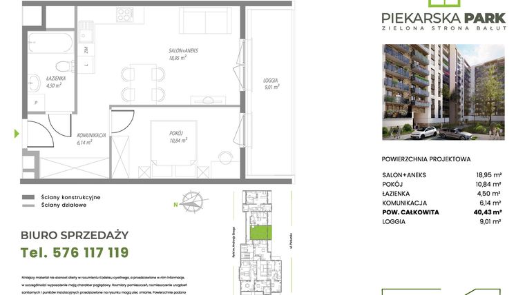 Rzut - Mieszkanie na sprzedaż 2 pokoje o powierzchni 40,43 m² - numer A6.3 w Piekarska Park