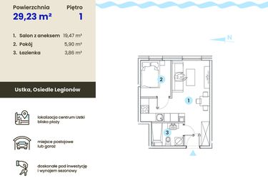 Rzut - Mieszkanie na sprzedaż 2 pokoje o powierzchni 29,23 m² - numer 1.1 w Ustka Flow