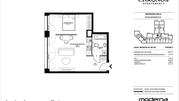 Rzut - Mieszkanie na sprzedaż 2 pokoje o powierzchni 44,93 m² - numer 422 w Chronos etap II