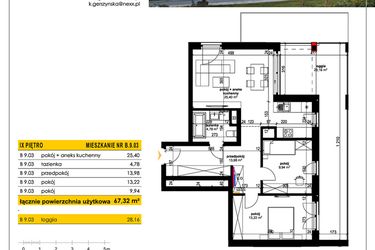 Rzut - Mieszkanie na sprzedaż 3 pokoje o powierzchni 67,42 m² - numer B 9.03 w Park Moniuszki II C