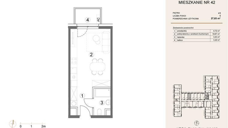 Rzut - Mieszkanie na sprzedaż 1 pokój o powierzchni 27,83 m² - numer 42 w Waterlane Vibe