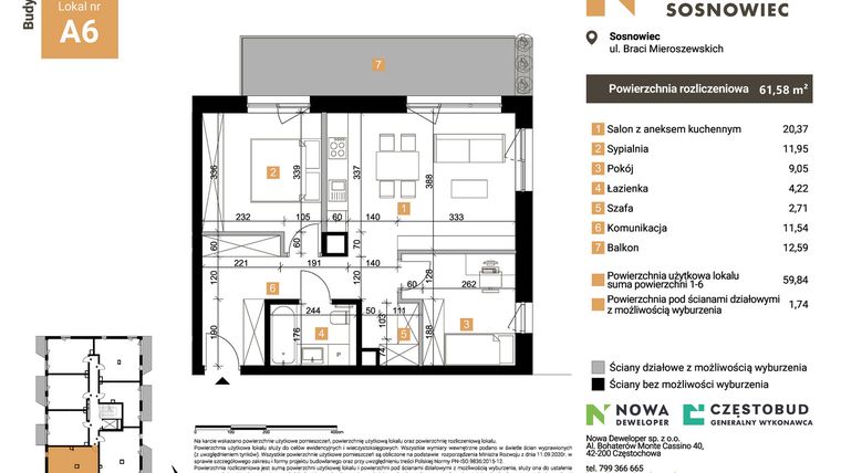 Rzut - Mieszkanie na sprzedaż 3 pokoje o powierzchni 61,58 m² - numer A6 w Nowy Sosnowiec