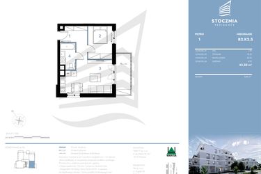 Rzut - Mieszkanie na sprzedaż 2 pokoje o powierzchni 43,25 m² - numer B2.K2.5 w Stocznia Residence