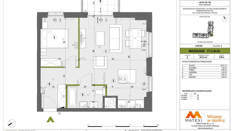 Rzut - Mieszkanie na sprzedaż 2 pokoje o powierzchni 47,21 m² - numer F1.C.04.03 w XYZ Place