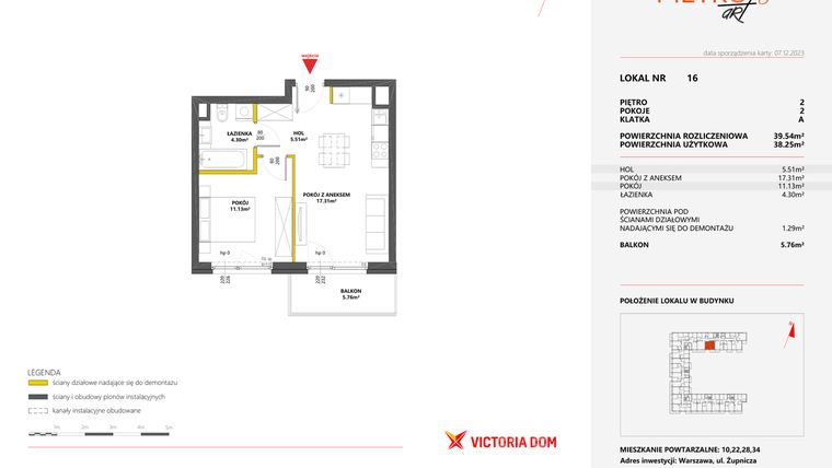 Rzut - Mieszkanie na sprzedaż 2 pokoje o powierzchni 39,54 m² - numer 16 w Metro Art 8