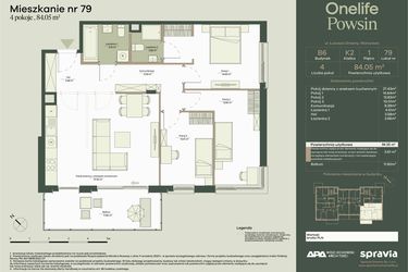 Rzut - Mieszkanie na sprzedaż 4 pokoje o powierzchni 84,05 m² - numer B6/79 w Onelife Powsin