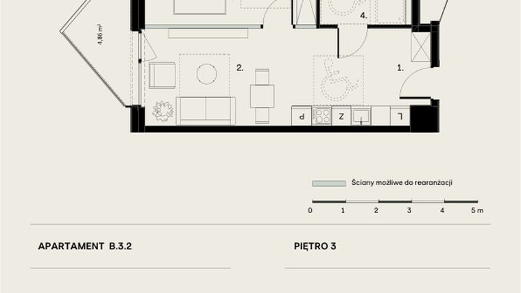 Rzut - Mieszkanie na sprzedaż 2 pokoje o powierzchni 44,27 m² - numer B/3/2 w Ogrodowa 12