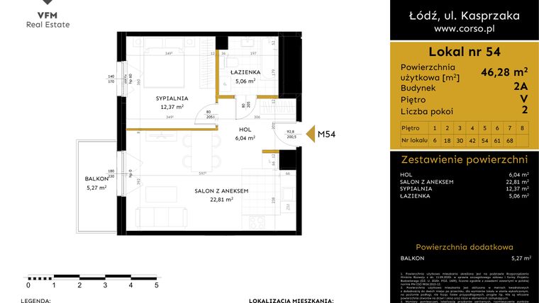 Rzut - Mieszkanie na sprzedaż 2 pokoje o powierzchni 46,28 m² - numer 2A.54 w Corso etap 2
