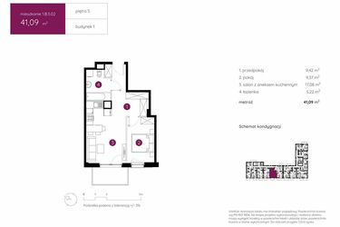 Rzut - Mieszkanie na sprzedaż 2 pokoje o powierzchni 41,09 m² - numer 1.B.5.02 w Murapol Urcity