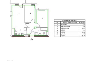 Rzut - Mieszkanie na sprzedaż 3 pokoje o powierzchni 51,19 m² - numer 12 w Nowa Pszczelna