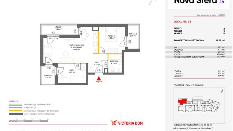 Rzut - Mieszkanie na sprzedaż 3 pokoje o powierzchni 53,67 m² - numer 31 w Miasteczko Nova Sfera 4