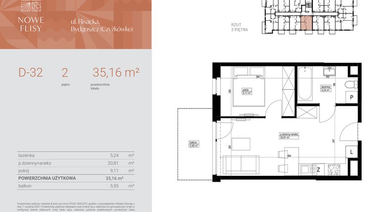 Rzut - Mieszkanie na sprzedaż 2 pokoje o powierzchni 35,16 m² - numer M32_NF.d w Nowe Flisy II