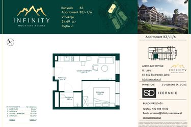 Rzut - Mieszkanie na sprzedaż 2 pokoje o powierzchni 39,04 m² - numer B3.1.6 w Infinity Mountain Resort
