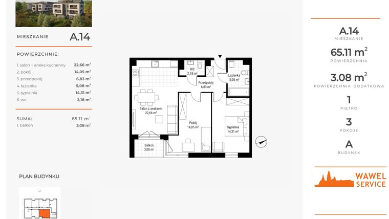Rzut - Mieszkanie na sprzedaż 3 pokoje o powierzchni 65,11 m² - numer A.14 w Nowa Namiarkowa