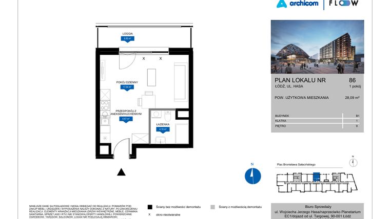 Rzut - Mieszkanie na sprzedaż 1 pokój o powierzchni 28,09 m² - numer 86 w Flow