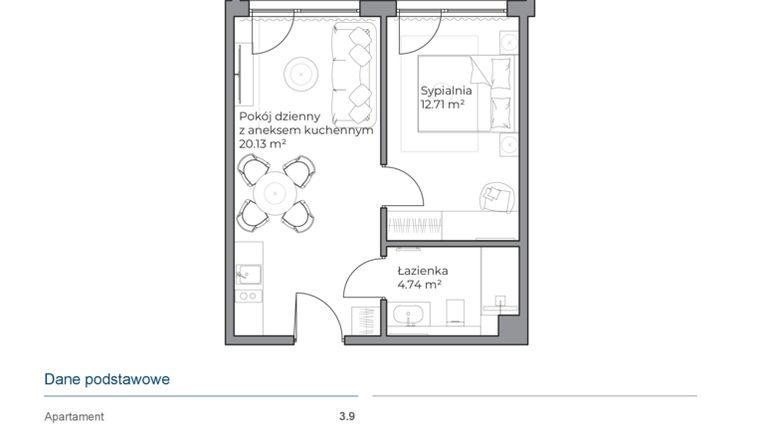 Rzut - Mieszkanie na sprzedaż 2 pokoje o powierzchni 37,58 m² - numer B.3.9 w Anchoria Holiday