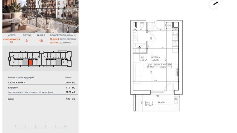 Rzut - Mieszkanie na sprzedaż 1 pokój o powierzchni 29,75 m² - numer B10 w Symfonia - Chodkiewicza 9