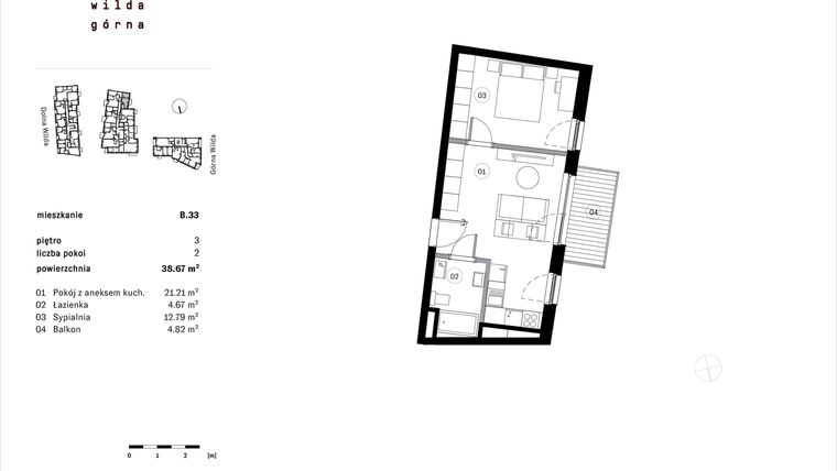 Rzut - Mieszkanie na sprzedaż 2 pokoje o powierzchni 38,67 m² - numer B.33 w Dolna Górna Wilda