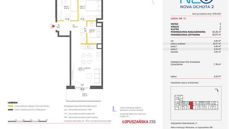 Rzut - Mieszkanie na sprzedaż 3 pokoje o powierzchni 53,25 m² - numer 35 w Neo Nova Ochota 2