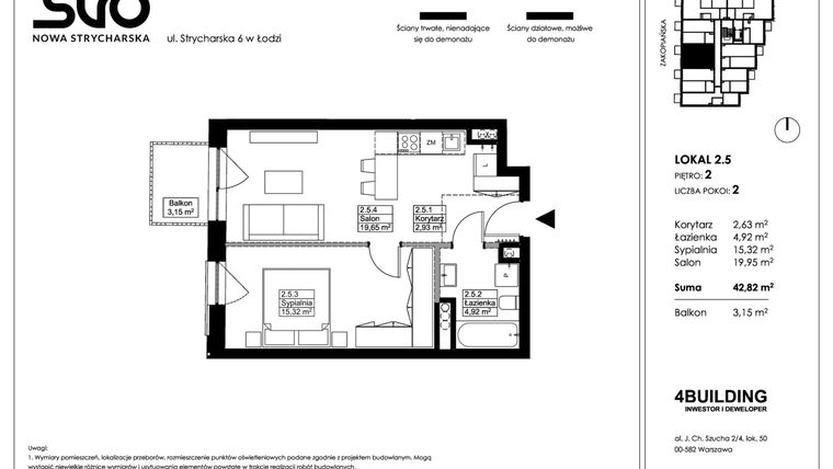 Rzut - Mieszkanie na sprzedaż 2 pokoje o powierzchni 42,82 m² - numer 2.5 w Nowa Strycharska | STR 6