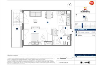 Rzut - Mieszkanie na sprzedaż 2 pokoje o powierzchni 46,62 m² - numer B.4 w Osiedle przy Malborskiej II