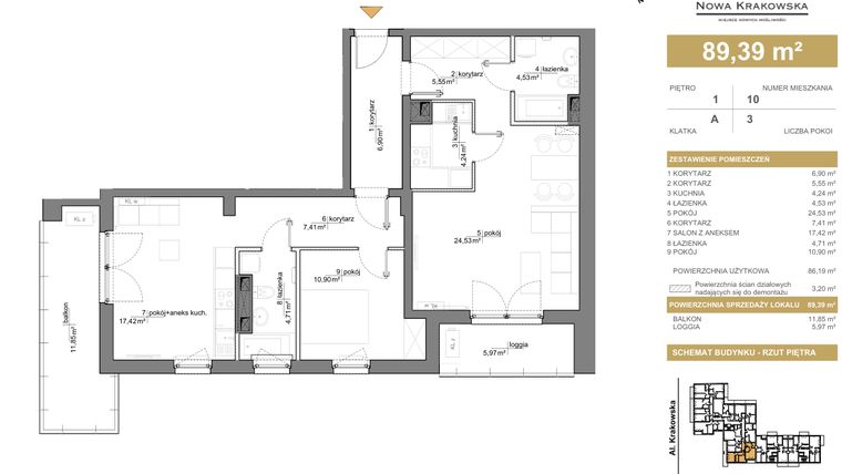 Rzut - Mieszkanie na sprzedaż 3 pokoje o powierzchni 89,39 m² - numer A.1.10 w Nowa Krakowska