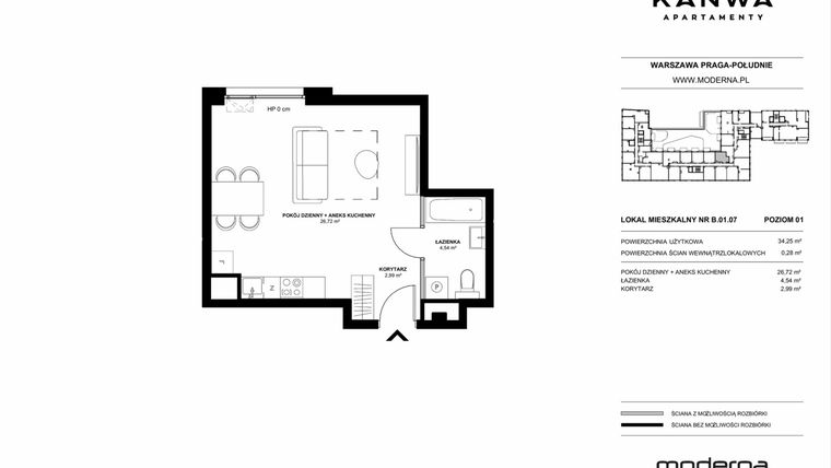 Rzut - Mieszkanie na sprzedaż 1 pokój o powierzchni 34,25 m² - numer B.01.07 w KANWA