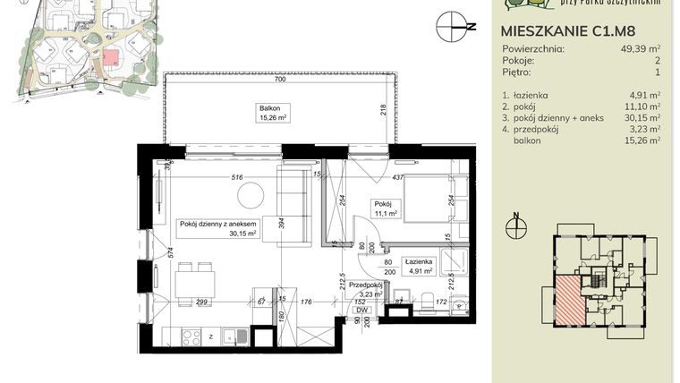 Rzut - Mieszkanie na sprzedaż 2 pokoje o powierzchni 49,39 m² - numer C1.M8 w Apartamenty przy Parku Szczytnickim
