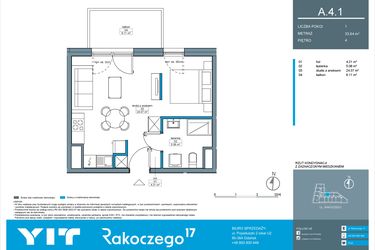 Rzut - Mieszkanie na sprzedaż 1 pokój o powierzchni 33,64 m² - numer A.4.1 w Rakoczego 17