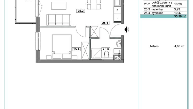 Rzut - Mieszkanie na sprzedaż 2 pokoje o powierzchni 35,84 m² - numer D.25 w Osiedle Kościuszki etap II