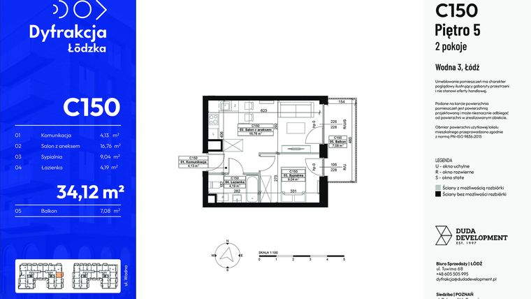 Rzut - Mieszkanie na sprzedaż 2 pokoje o powierzchni 34,12 m² - numer C150 w Dyfrakcja Łódzka - bud. CD
