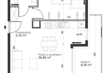 Rzut - Mieszkanie na sprzedaż 2 pokoje o powierzchni 43,51 m² - numer A-23 w Destino