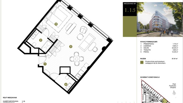Rzut - Mieszkanie na sprzedaż 1 pokój o powierzchni 57,37 m² - numer 113 w Y3 Signature Hotel