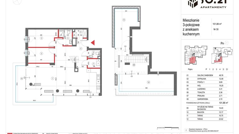 Rzut - Mieszkanie na sprzedaż 3 pokoje o powierzchni 101,88 m² - numer 30 w SO.21