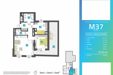 Rzut - Mieszkanie na sprzedaż 3 pokoje o powierzchni 67,04 m² - numer M37 w Mi9