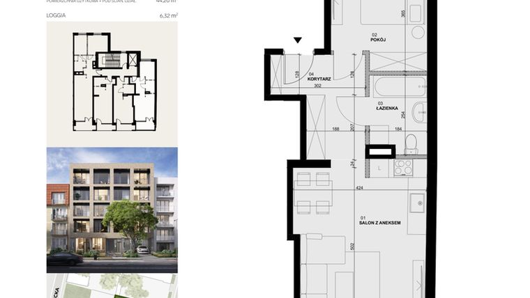 Rzut - Mieszkanie na sprzedaż 2 pokoje o powierzchni 43,06 m² - numer 1M1 w Apartamentowiec Szaserów