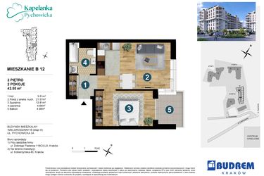 Rzut - Mieszkanie na sprzedaż 2 pokoje o powierzchni 42,55 m² - numer B12 w Kapelanka-Pychowicka Etap III