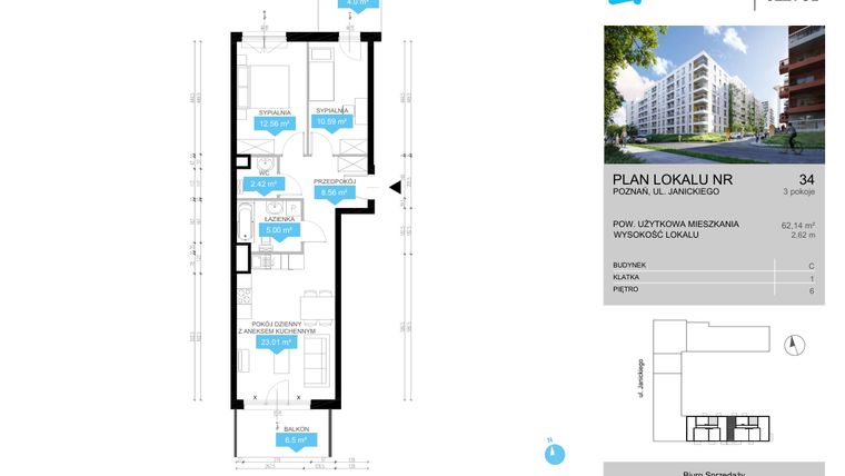 Rzut - Mieszkanie na sprzedaż 3 pokoje o powierzchni 62,14 m² - numer CDEF.34 w Wieża Jeżyce etap II