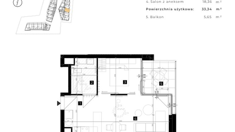Rzut - Mieszkanie na sprzedaż 2 pokoje o powierzchni 33,34 m² - numer C.2.18 w Cisha Apartamenty Dziwnów