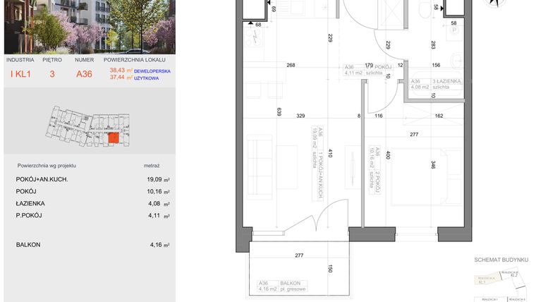 Rzut - Mieszkanie na sprzedaż 2 pokoje o powierzchni 37,44 m² - numer I-A36 w Industria etap I-A