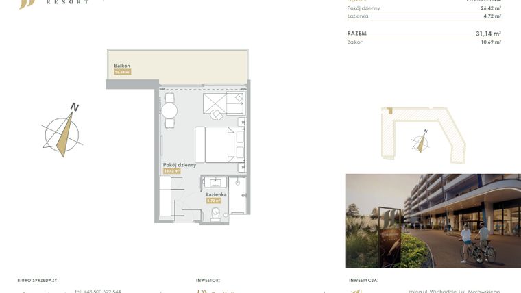 Rzut - Mieszkanie na sprzedaż 1 pokój o powierzchni 31,14 m² - numer H.2.45 w Harmony Resort